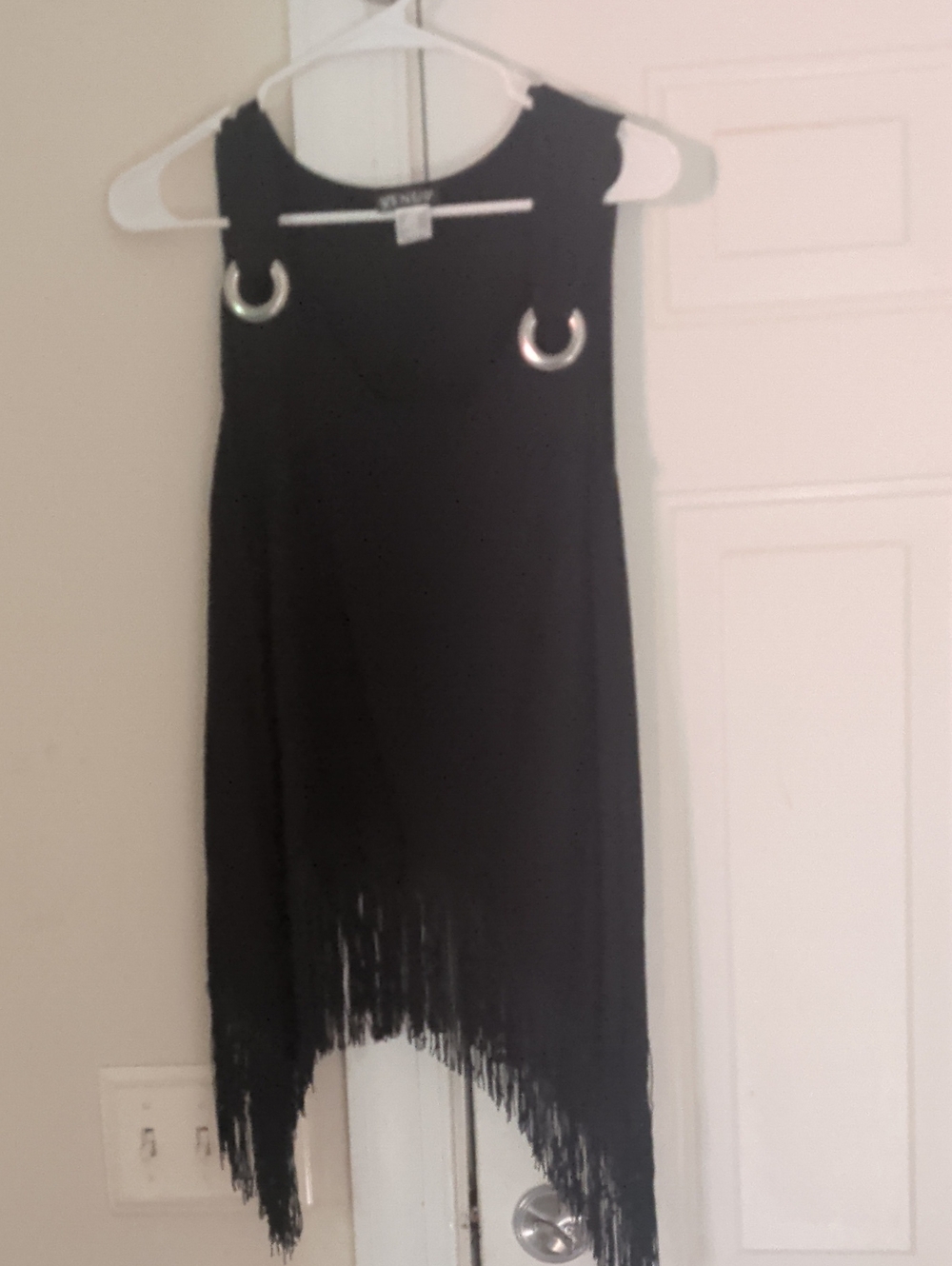 VENUS Black Sleeveless Fringe Tank with Silver Ring Accents